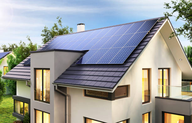 Happy family using solar power